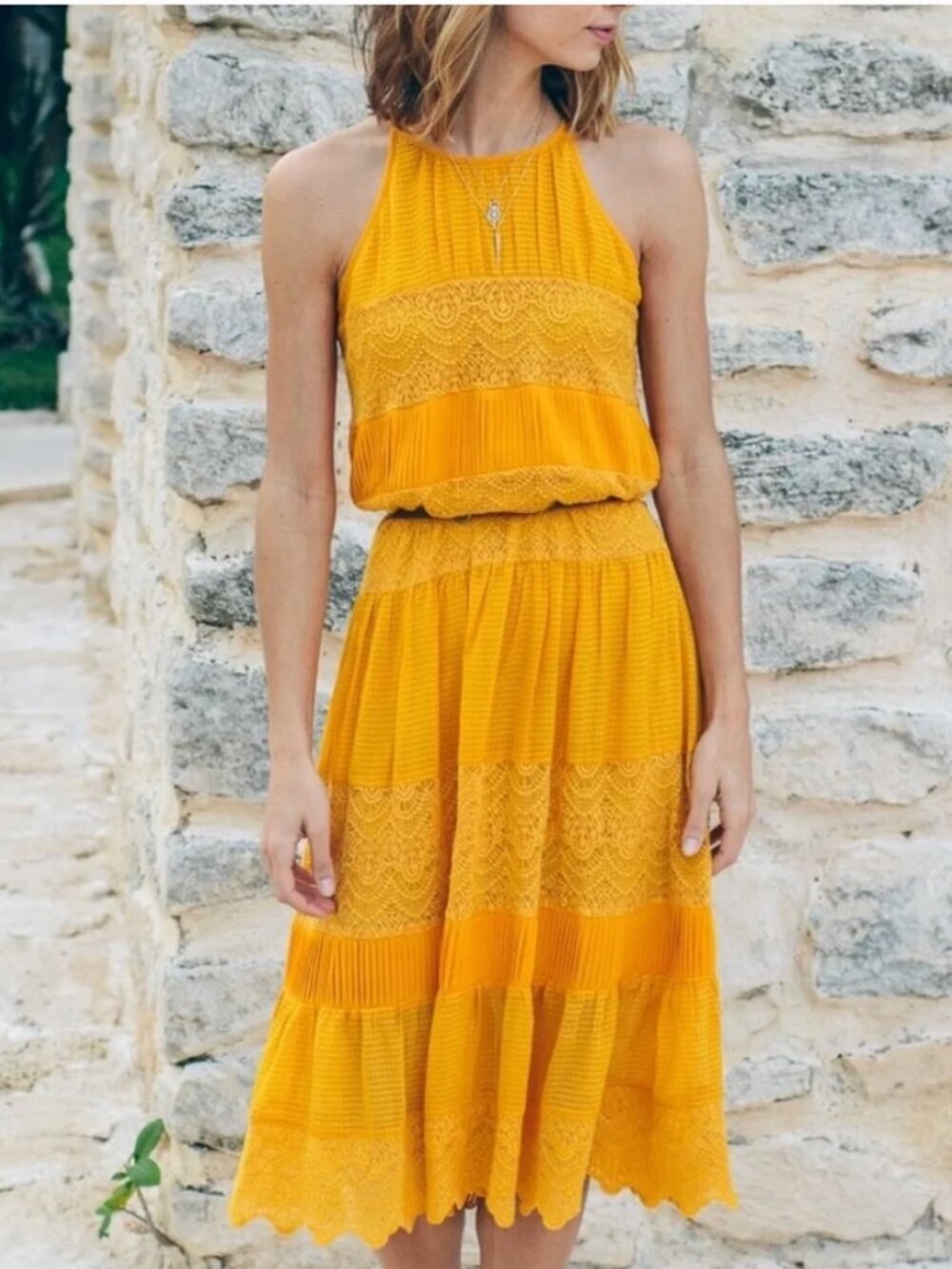 HD in Paris Villanelle Marigold Lace Midi Dress Size S Anthropologie